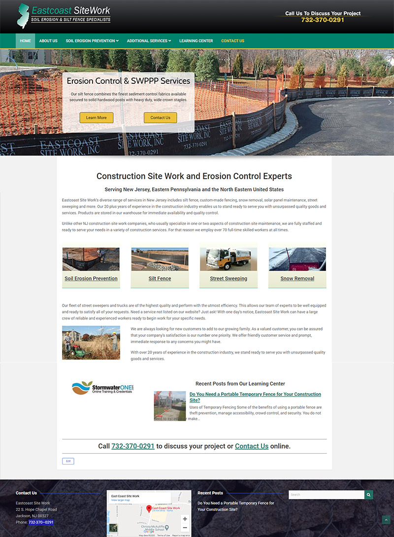 New Jersey construction sitework company offering services including silt fence, custom-made fencing, snow removal, solar panel maintenance, street sweeping